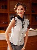 Blusa de manga corta de volado y aplique en negro - ArmasStyle
