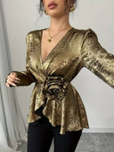 Blusa manga larga con diseño de flor en dorado - ArmasStyle