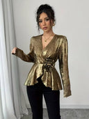 Blusa manga larga con diseño de flor en dorado - ArmasStyle