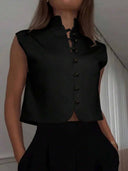 Blusa sin manga elegante con doble botonadura unicolor - ArmasStyle