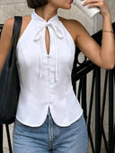Blusa sin mangas blanco cuello halter y lazo para mujer - ArmasStyle
