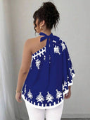 Blusa talla grande con cuello asimétrico y lazo con estampado floral - ArmasStyle