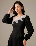 Blusa manga larga unicolor con encaje