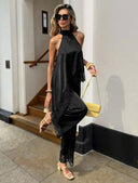 Conjunto de dos piezas satinado con tops asimetrico sin hombros y pantalon con encaje - ArmasStyle