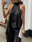 Conjunto de dos piezas satinado con tops asimetrico sin hombros y pantalon con encaje - ArmasStyle