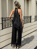 Conjunto de dos piezas satinado con tops asimetrico sin hombros y pantalon con encaje - ArmasStyle