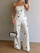 Conjunto de dos piezas top tubo sin tirante y pantalón estampado de lunares - ArmasStyle