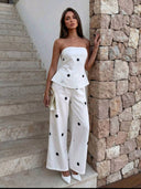 Conjunto de dos piezas top tubo sin tirante y pantalón estampado de lunares - ArmasStyle