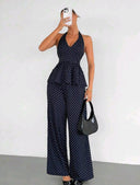 Conjunto de top con cuello en V y pantalones holgados estampado de punto - ArmasStyle