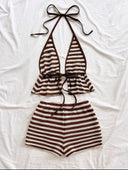 Conjunto de top halter sin espalda y shorts de raya - ArmasStyle