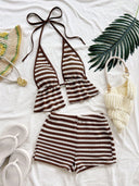 Conjunto de top halter sin espalda y shorts de raya - ArmasStyle