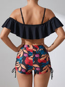 Conjunto tankini tropical y top con hombros descubiertos y pantalones cortos talle alto - ArmasStyle