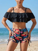 Conjunto tankini tropical y top con hombros descubiertos y pantalones cortos talle alto - ArmasStyle