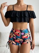 Conjunto tankini tropical y top con hombros descubiertos y pantalones cortos talle alto - ArmasStyle