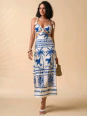 Maxi vestido recto de mujer con estampado azul y blanco - ArmasStyle