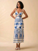 Maxi vestido recto de mujer con estampado azul y blanco - ArmasStyle