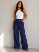 Pantalon ancho casual de mujer a rayas y botones