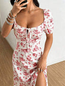 Vestido de mujer cuello cuadrado estampado floral y abertura