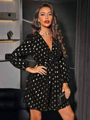 Vestido manga larga con estampado de lunares dorado