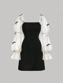 Vestido corto con malla en las mangas y lazos