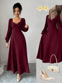 Vestido largo unicolor con descote de corazon manga larga