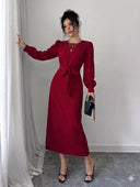 Vestido largo manga larga y cinturon