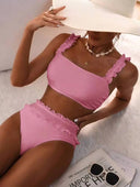 Conjunto de bikini unicolor talle alto con fruncido
