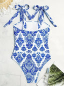 Traje de baño de una pieza estampado con tirantes ajustable