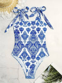 Traje de baño de una pieza estampado con tirantes ajustable