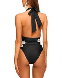 Traje de baño de una pieza con escote halter ajustado y contraste en blanco con recorte calado a los lados