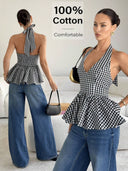 Blusa casual con cuello halter de volado y espalda descubierta