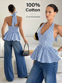 Blusa casual con cuello halter de volado y espalda descubierta