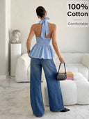 Blusa casual con cuello halter de volado y espalda descubierta