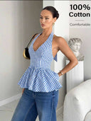 Blusa casual con cuello halter de volado y espalda descubierta