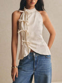 Blusa sin manga elegante estilo chino con lazos delanteros