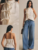 Blusa sin manga elegante estilo chino con lazos delanteros