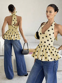 Blusa casual con cuello halter y espalda descubierta estampado de lunares