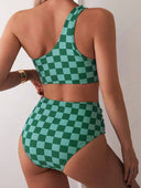 Traje de baño 2 piezas de un hombro estampado de cuadros - ArmasStyle