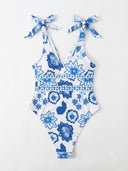 Traje de baño de una pieza estampado cuello V con tirantes ajustable - ArmasStyle