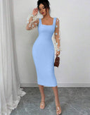 Vestido ajustado con escote cuadrado y manga de encaje con estampado floral - ArmasStyle