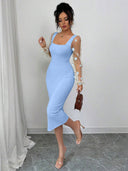 Vestido ajustado con escote cuadrado y manga de encaje con estampado floral - ArmasStyle