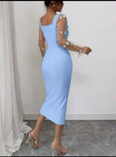Vestido ajustado con escote cuadrado y manga de encaje con estampado floral - ArmasStyle