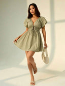 Vestido corto de mujer manga corta con escote en V - ArmasStyle