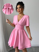 Vestido corto unicolor con manga bombacha y lazo - ArmasStyle