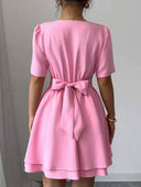 Vestido corto unicolor con manga bombacha y lazo - ArmasStyle