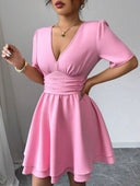 Vestido corto unicolor con manga bombacha y lazo - ArmasStyle