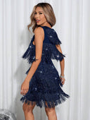 Vestido de fiesta sin manga con cuello V metalico con lentejuelas - ArmasStyle