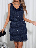 Vestido de fiesta sin manga con cuello V metalico con lentejuelas - ArmasStyle