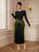 Vestido de manga larga elegante con terciopelo y hebilla metálica decorativa - ArmasStyle