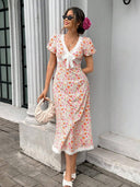 Vestido de mujer cuello en V con bordes de encaje y moño - ArmasStyle